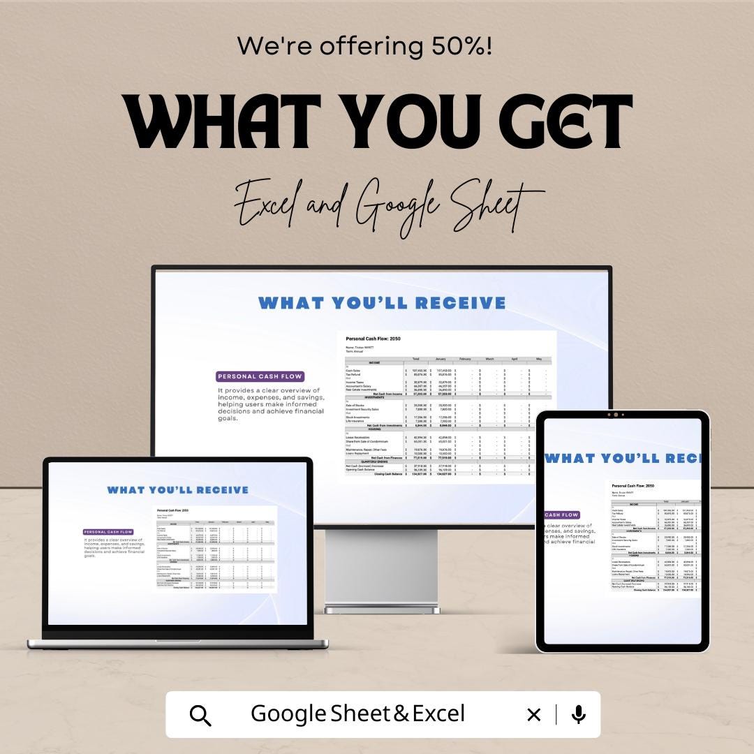Personal Cash Flow Sheet | Monthly Budget Tracker Excel & Google Sheet | Income Expense Planner | Financial Spreadsheet Template