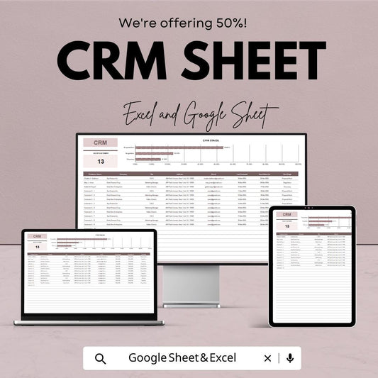 50% Off | Customizable CRM Sheet Template for Excel and Google Sheets | Customer Relationship Management | Boost Sales & Organize Clients