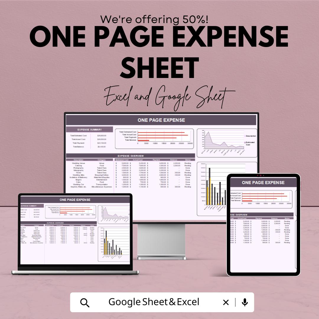 One Page Expense Tracker Sheet | Google Sheets & Excel Budget Template | Monthly Budgeting | Finance Organizer | Simple Budget Sheet