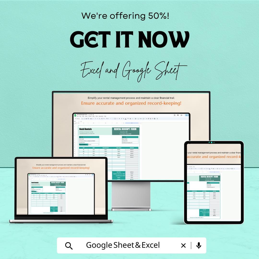 Rental Receipt Form Sheet | Excel & Google Sheets Template | Easy Rent Payment Tracking | Generate Rental Receipts Instantly
