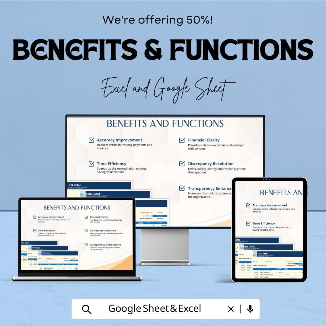 Vendor Reconciliation Template | Accounts Payable Reconciliation Spreadsheet | Supplier Statement Matching | Invoice & Payment Tracker