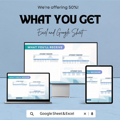 Attorney Timesheet Template | Legal Timesheet Spreadsheet | Lawyer Billing Tracker | Billable Hours Tracking Sheet