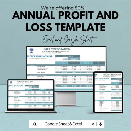 Annual Profit and Loss Template | Financial Statement | Income and Expense Tracker | Business Accounting Spreadsheet | P&L Report Template