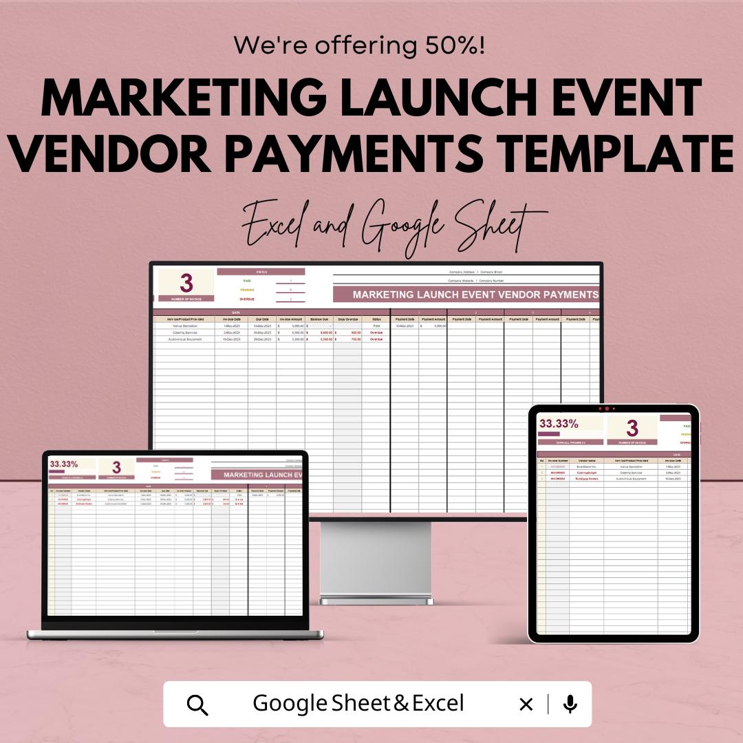 Marketing Launch Event Vendor Payments Template | Vendor Payment Tracker | Event Budget Tracker | Vendor Management Log