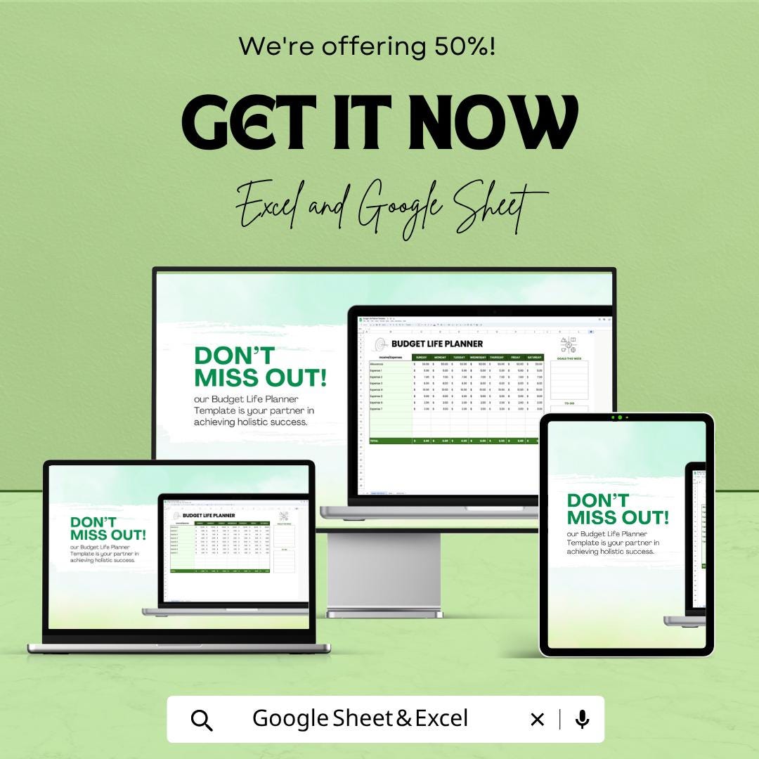 Budget Life Planner Template | Weekly Budget Planner | Expense Tracker | Goal Planner | Excel & Google Sheets | Financial Planner