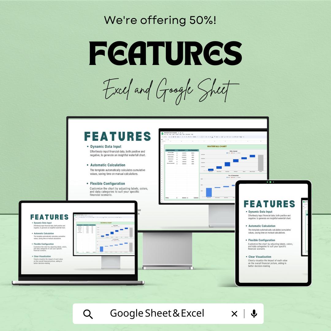 Waterfall Chart Excel & Google Sheet Template - Sales Tracking and Financial Analysis - Automated Data Visualization for Business