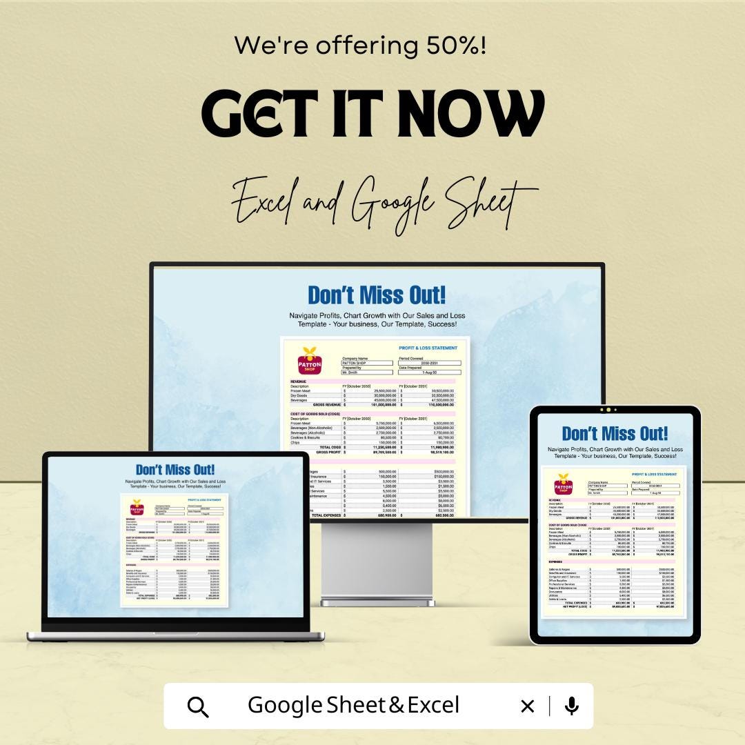 Sales Profit and Loss Template | Excel and Google Sheets | Income and Expense Tracker | P&L Statement | Business Finance Spreadsheet