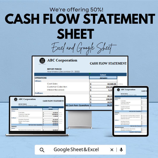 Cash Flow Statement Sheet - Excel and Google Sheet Template for Business Finance Management - Track Income, Expenses & Financial Health