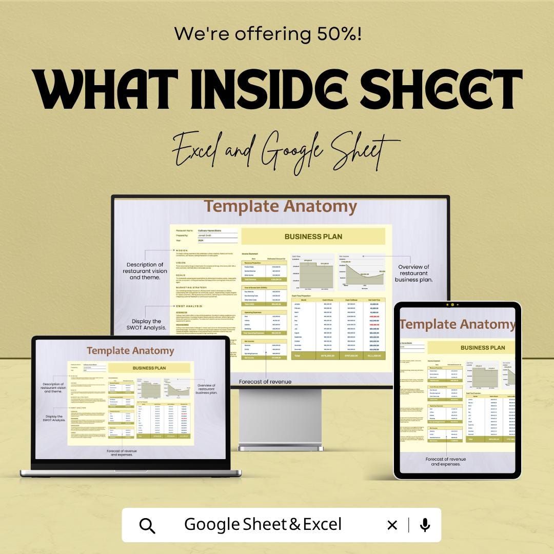 Restaurant Business Plan Template | Restaurant Financial Plan Spreadsheet | Food Business Planner | Startup Business Plan Sheet
