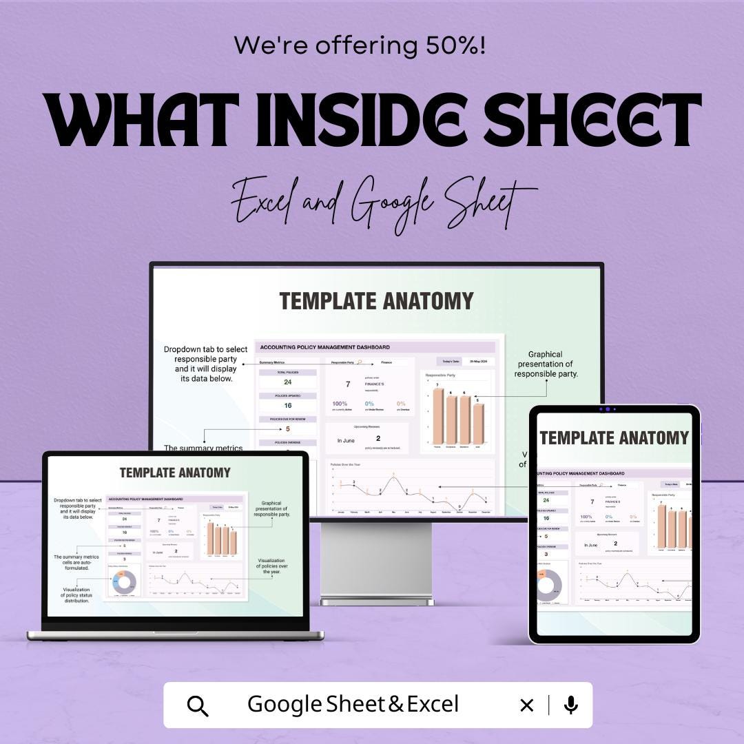 Accounting Policy Management Dashboard Template | Policy Tracker | Compliance Dashboard | Finance Spreadsheet | Editable Template
