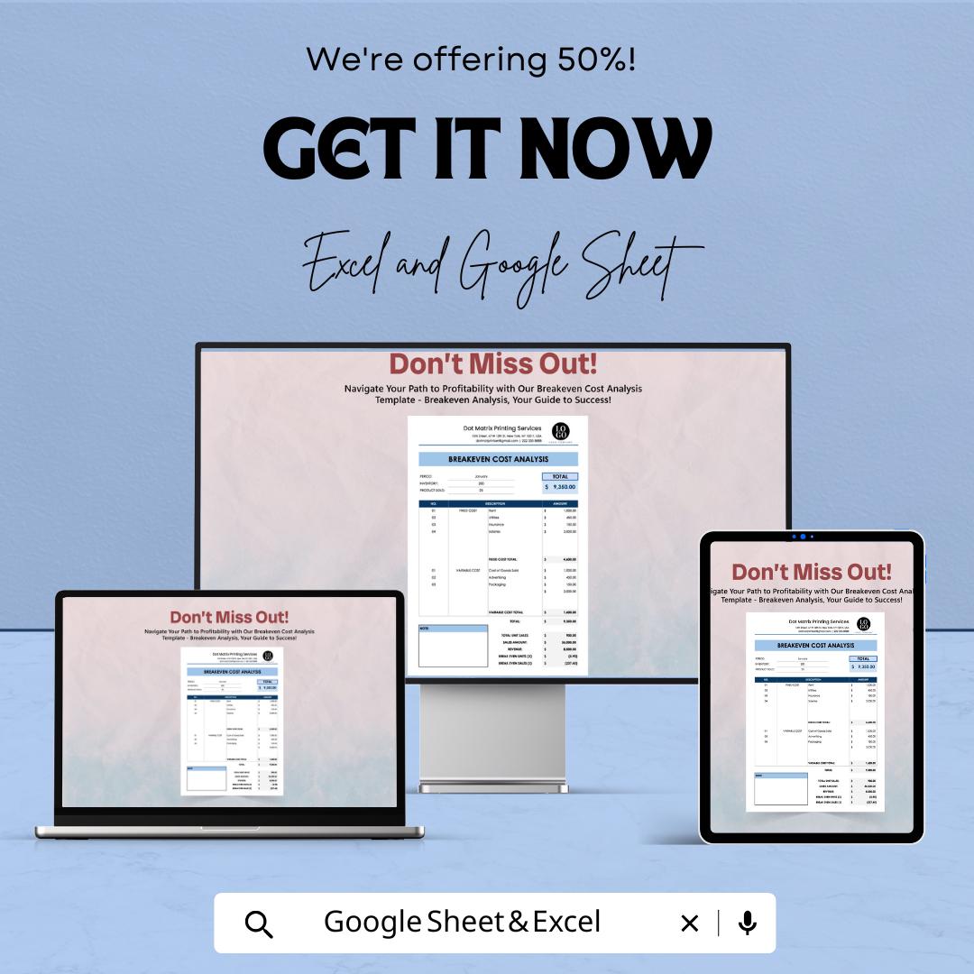 Breakeven Cost Analysis Template | Profit and Loss Calculator | Excel and Google Sheets Dashboard | Business Finance Spreadsheet