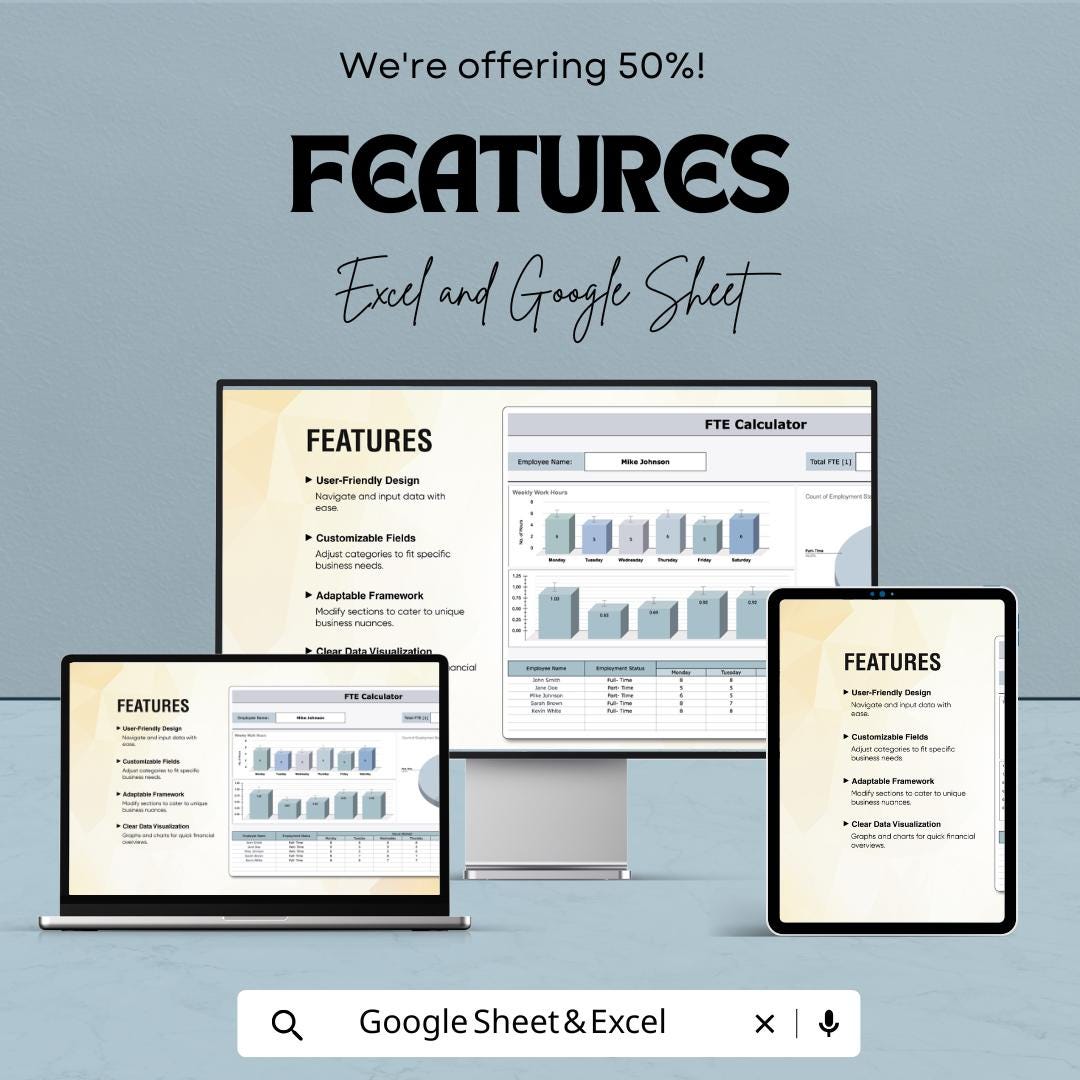 FTE Calculator Sheet – Excel and Google Sheets Template for Workforce Planning & Resource Allocation – 50% Off