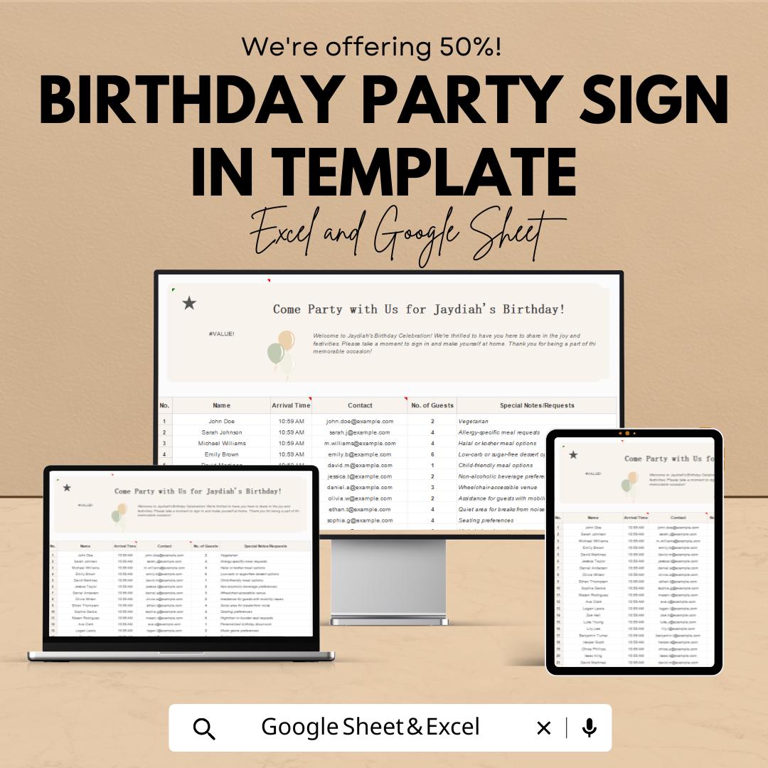 Birthday Party Sign In Template | Birthday Guest Book | Party Guest List | Editable Excel & Google Sheets