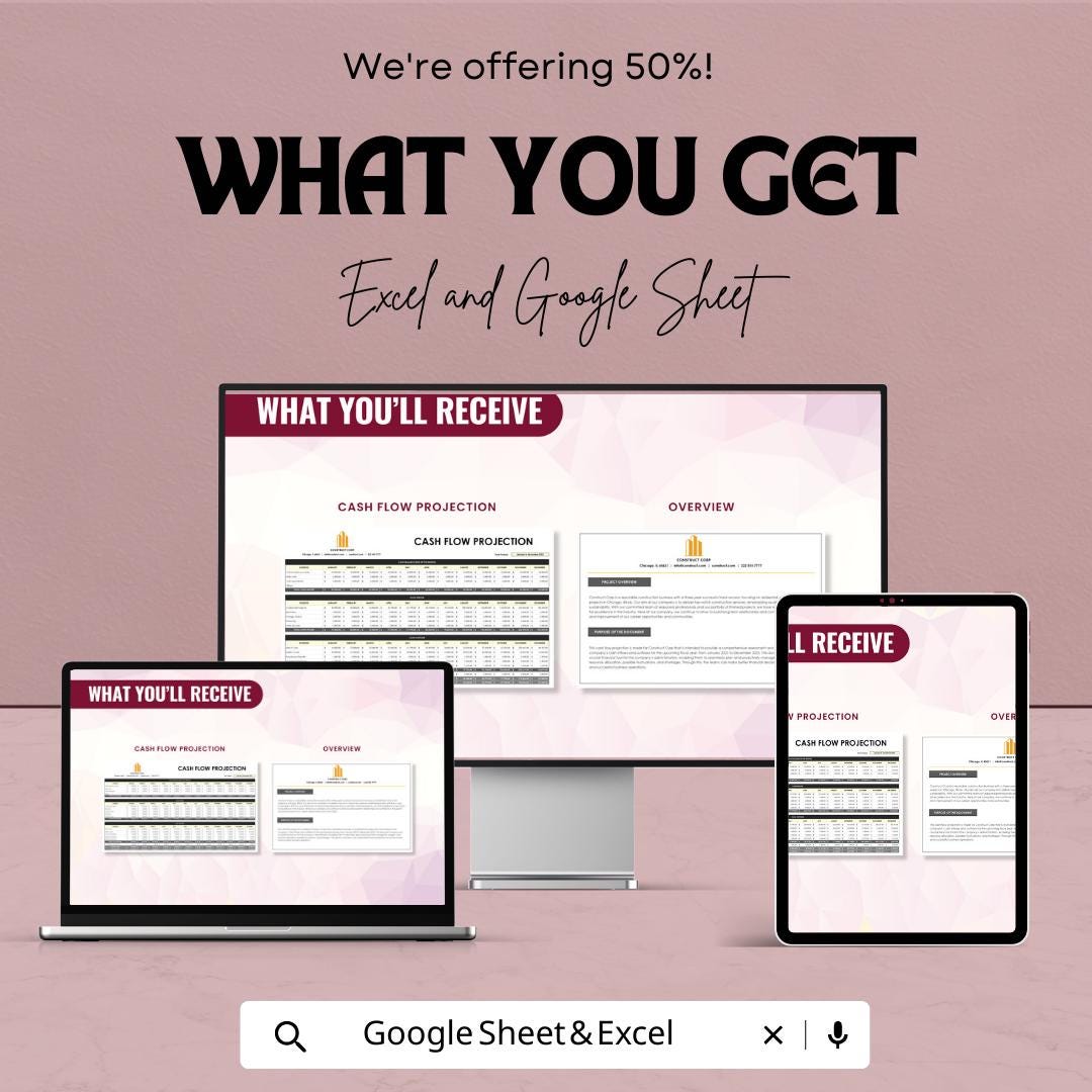 Cash Flow Projection Template, Business Cash Flow Forecast Spreadsheet, Financial Planning Template, Small Business Budget Planner