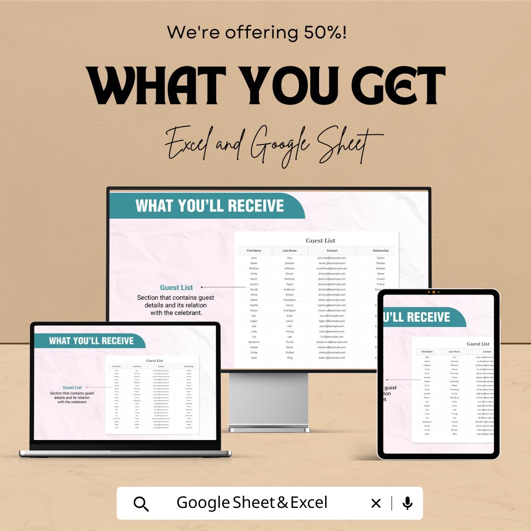 Birthday Party Sign In Template | Birthday Guest Book | Party Guest List | Editable Excel & Google Sheets
