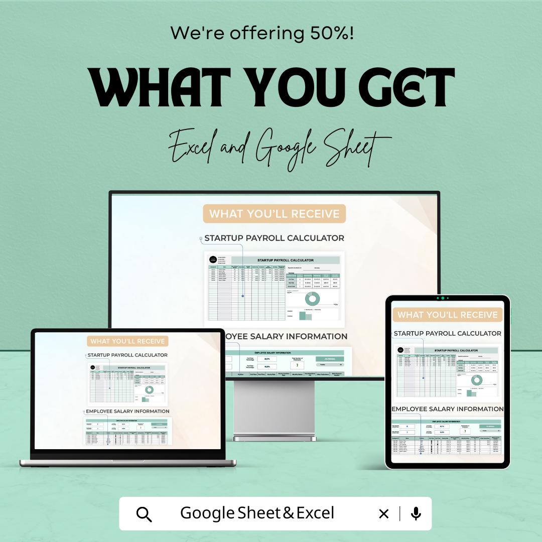 Startup Payroll Calculator Sheet | Excel and Google Sheets Template | Salary, Deductions & Taxes Tracker | 50% OFF