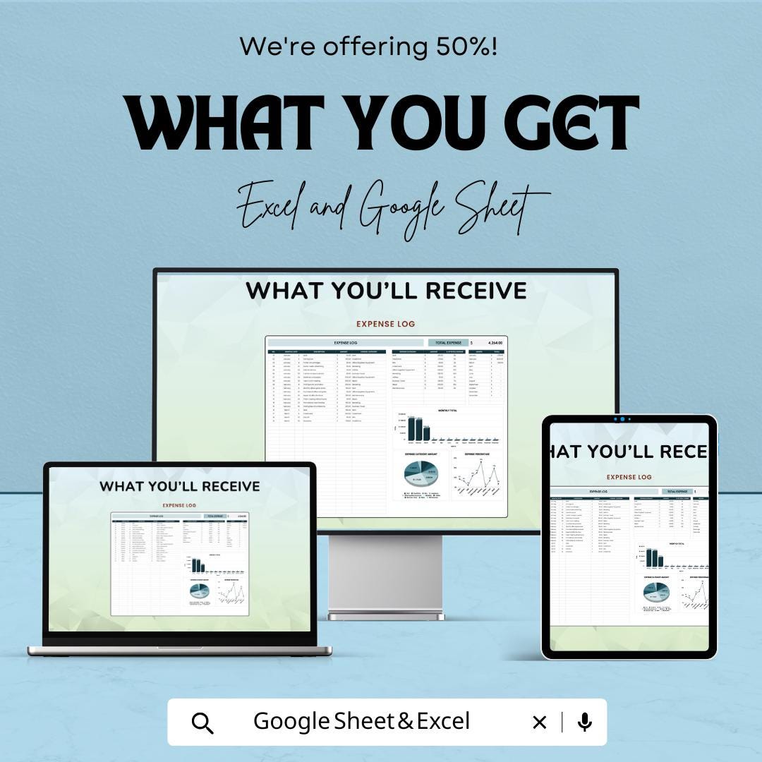 Expense Log Template | Budget Tracker Spreadsheet | Personal Finance & Expense Tracker for Excel and Google Sheets