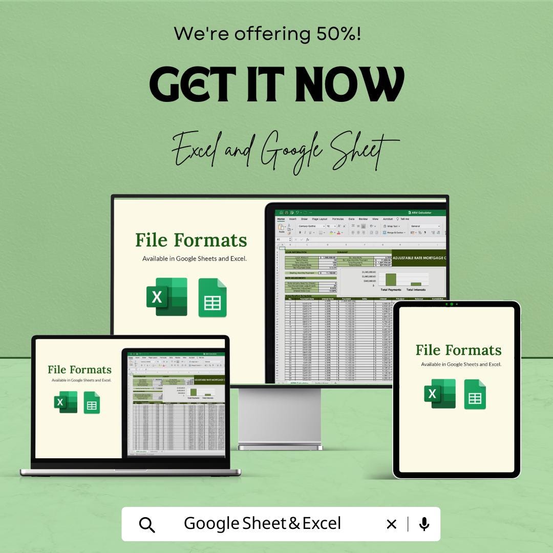 ARM Mortgage Calculator Template, Adjustable Rate Mortgage Spreadsheet, Loan Amortization Calculator, Excel & Google Sheets
