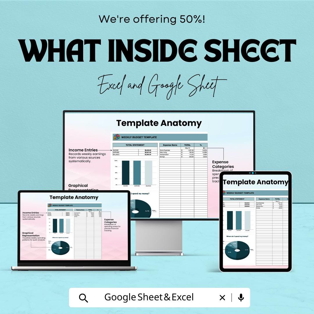 Weekly Budget Sheet | Editable Budget Planner Template | Google Sheet & Excel | Expense Tracker | Financial Planner | Money Tracker