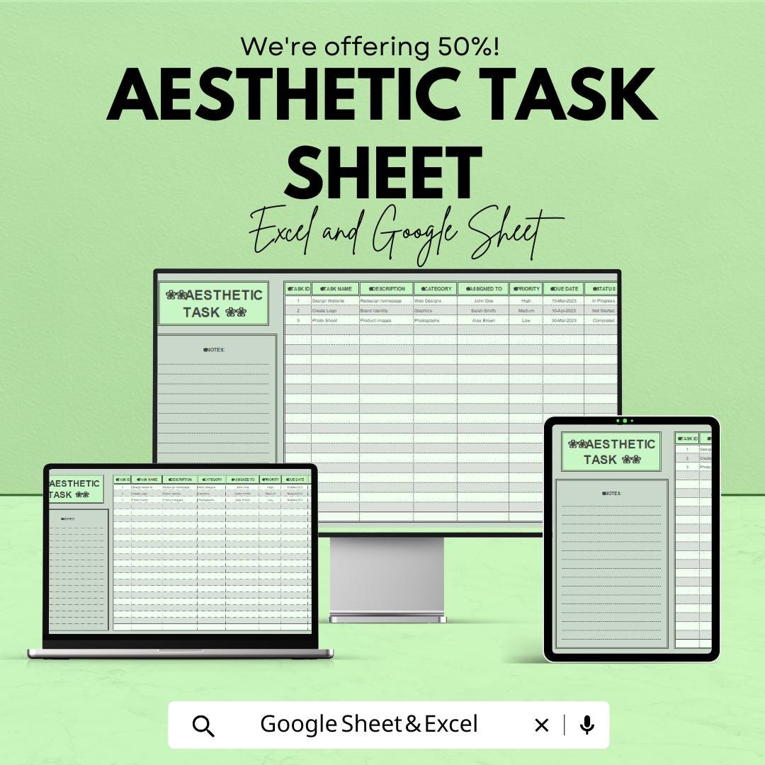 Aesthetic Task Sheet Template for Excel & Google Sheets | Manage Tasks with Style | Editable Task Tracker | 50% Off!