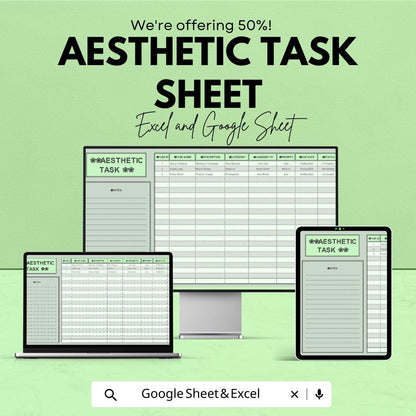 Aesthetic Task Sheet Template for Excel & Google Sheets | Manage Tasks with Style | Editable Task Tracker | 50% Off!