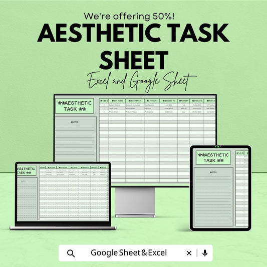 Aesthetic Task Sheet Template for Excel & Google Sheets | Manage Tasks with Style | Editable Task Tracker | 50% Off!