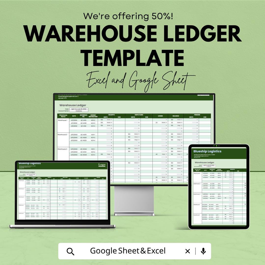 Warehouse Ledger Template | Excel Inventory Tracker Spreadsheet | Google Sheets Warehouse Management | Stock Control Ledger |