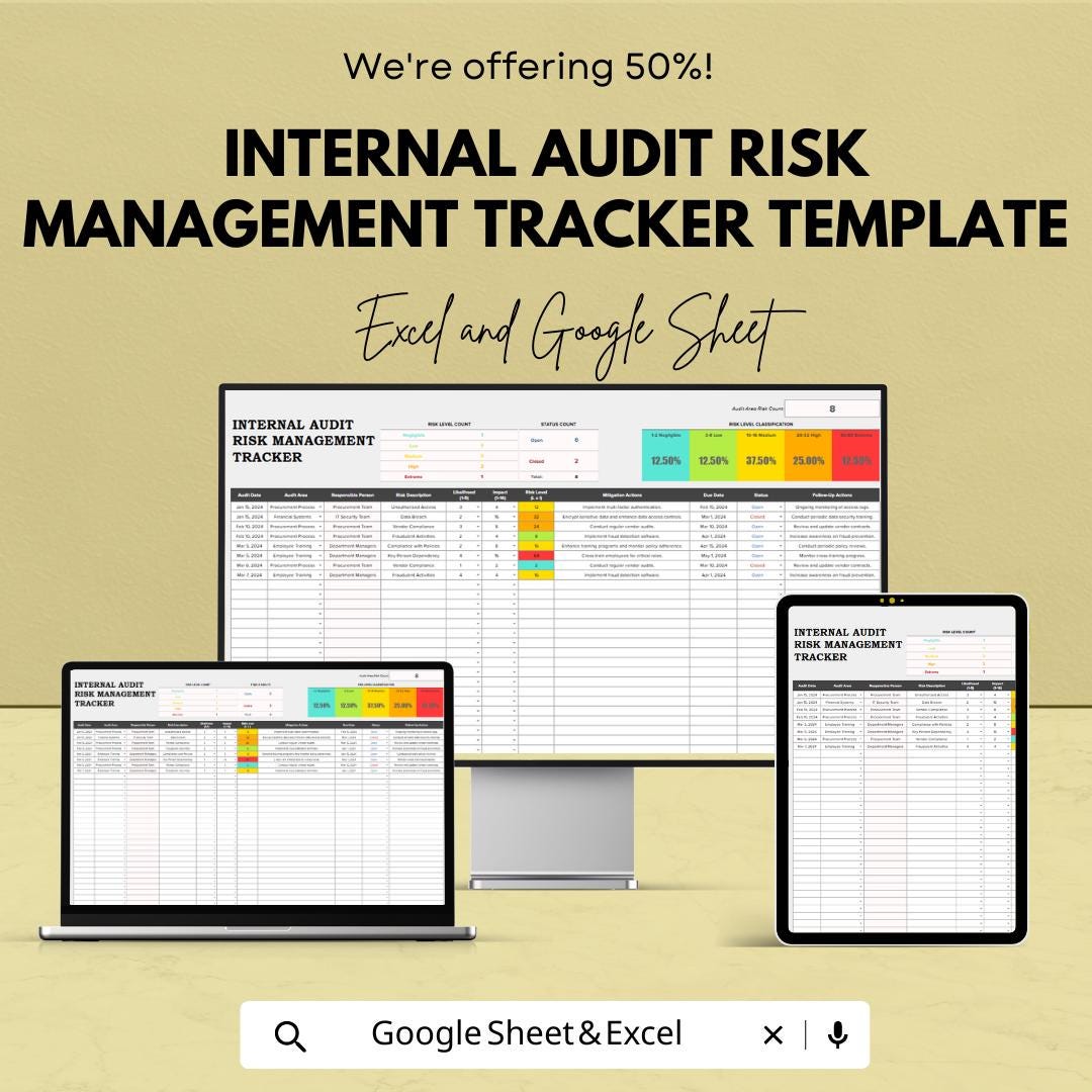 Internal Audit Risk Management Tracker Template, Risk Register Spreadsheet, Compliance Risk Log, Audit Risk Assessment Tool