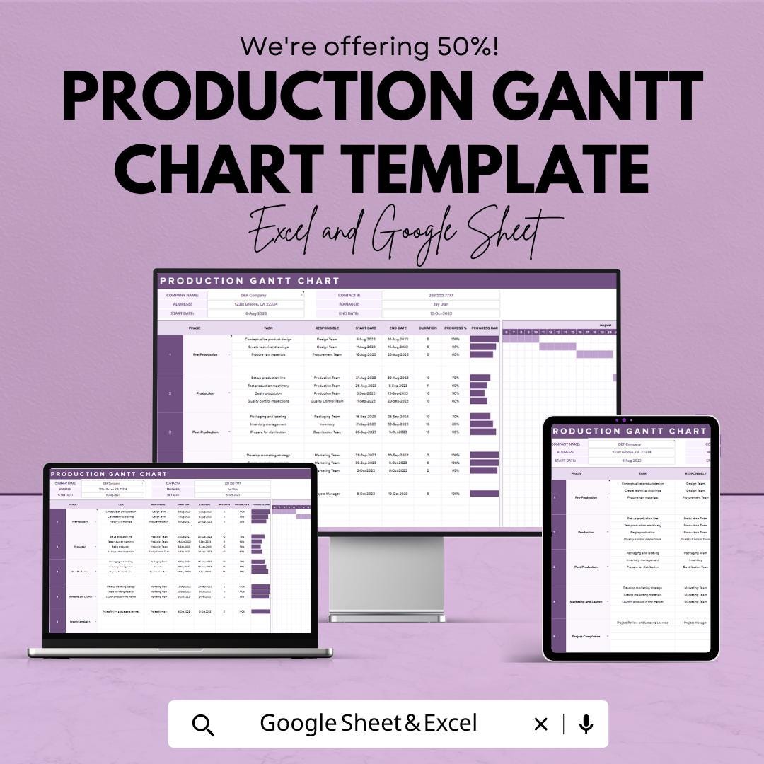 Production Gantt Chart Template | Manufacturing Schedule Planner | Project Timeline Tracker | Production Planning Spreadsheet