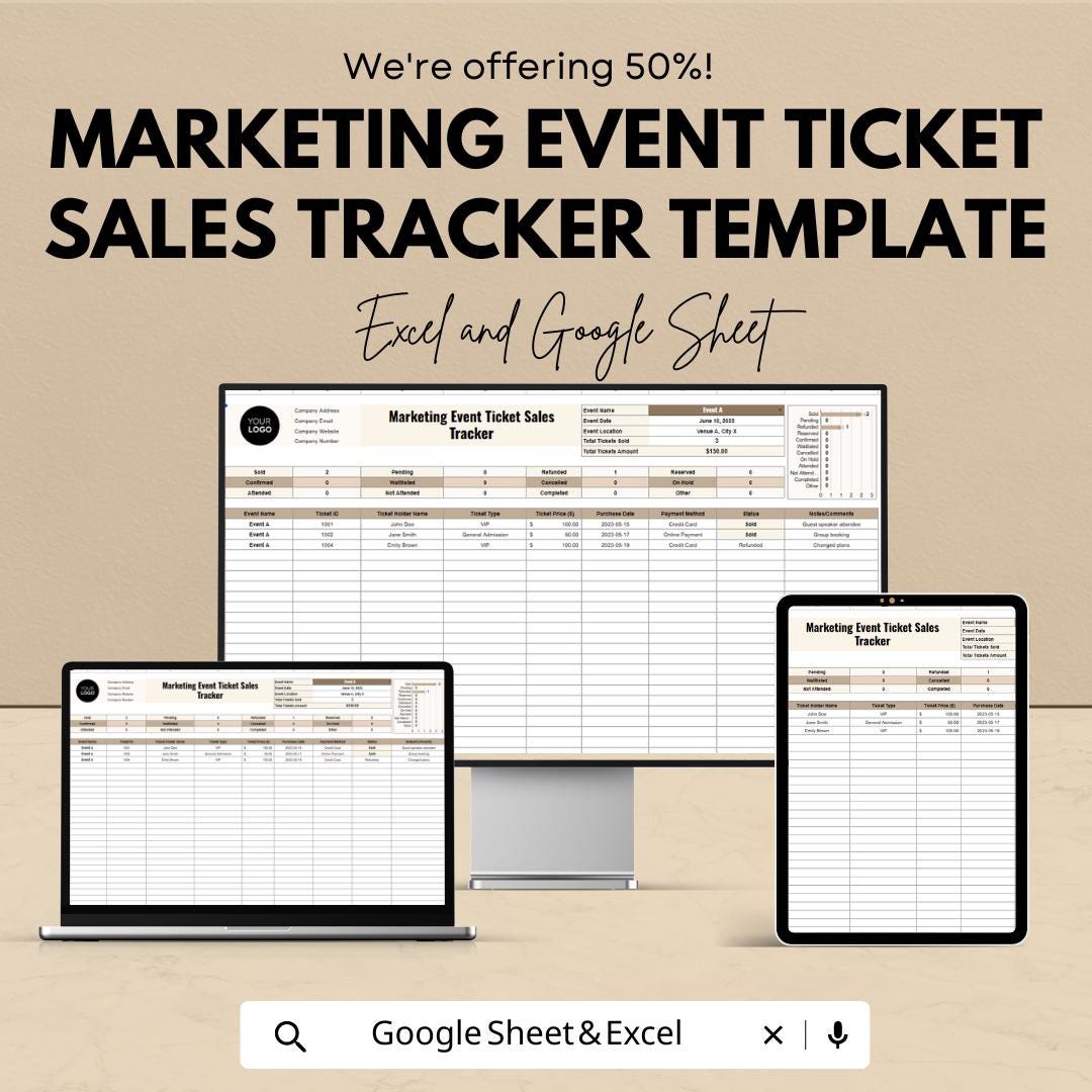 Marketing Event Ticket Sales Tracker Template | Event Ticket Spreadsheet | Ticket Inventory & Revenue Tracker | Event Sales Dashboard