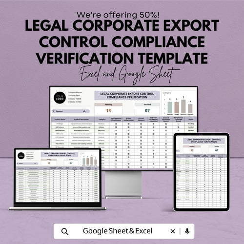 Export Control Compliance Template, Corporate Compliance Tracker, Legal Verification Spreadsheet, Trade Compliance Log