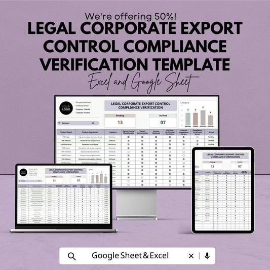Export Control Compliance Template, Corporate Compliance Tracker, Legal Verification Spreadsheet, Trade Compliance Log