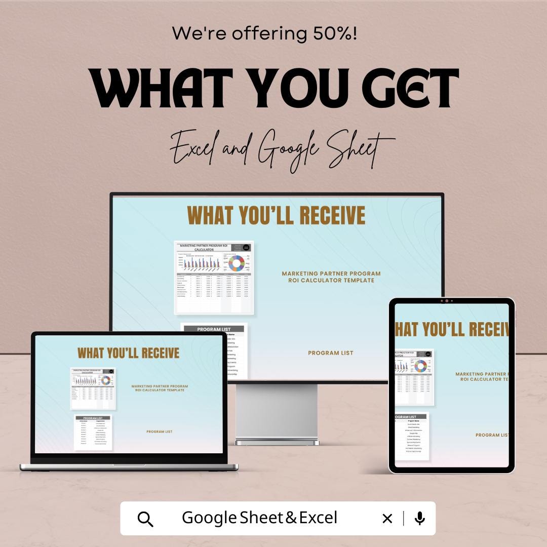 Marketing Partner Program ROI Calculator Template | ROI Analysis Spreadsheet | Marketing Cost Tracker |  Business KPI Tool