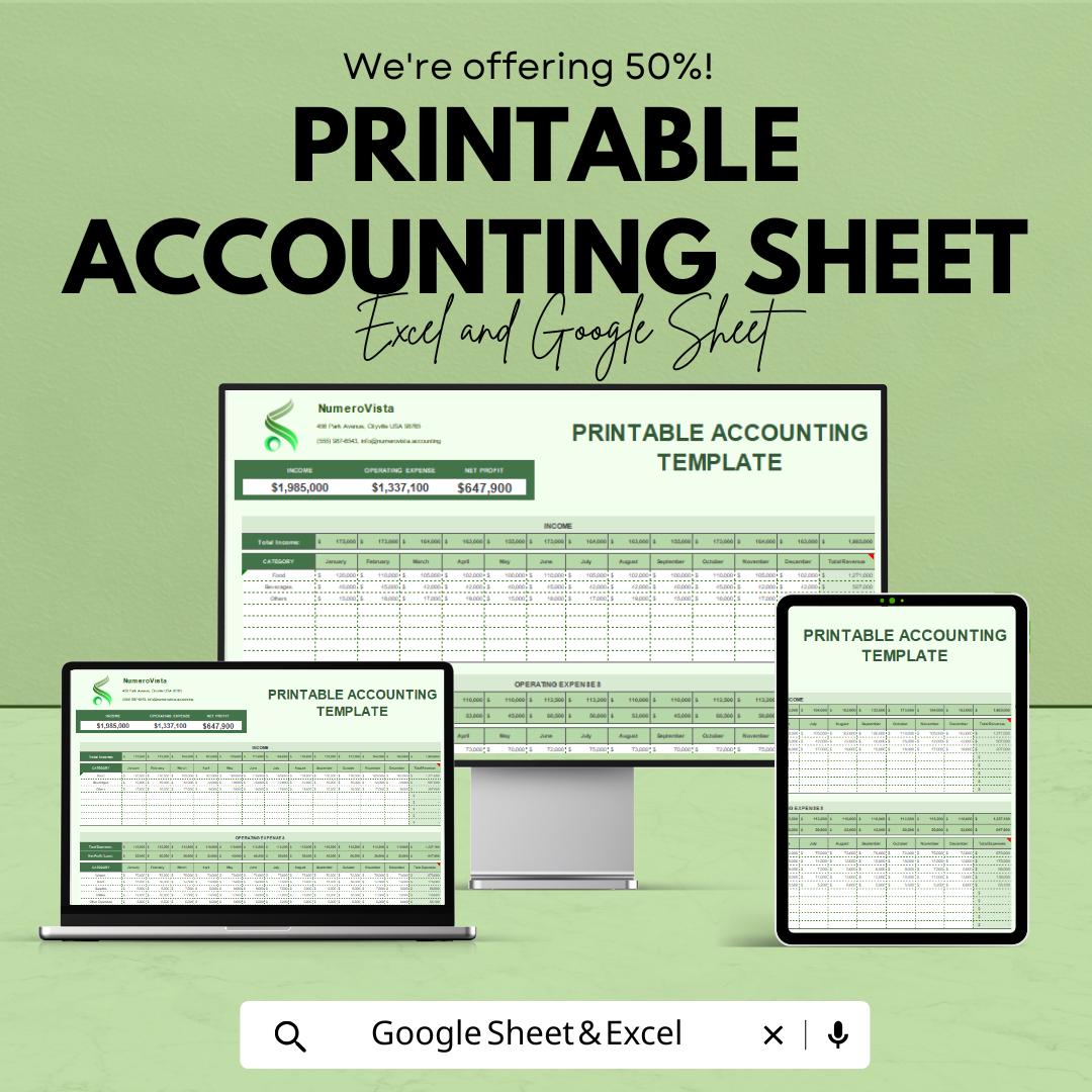 50% Off - Printable Accounting Sheet for Excel and Google Sheets | Monthly Financial Tracker | Income & Expense Template | Budget Planner |