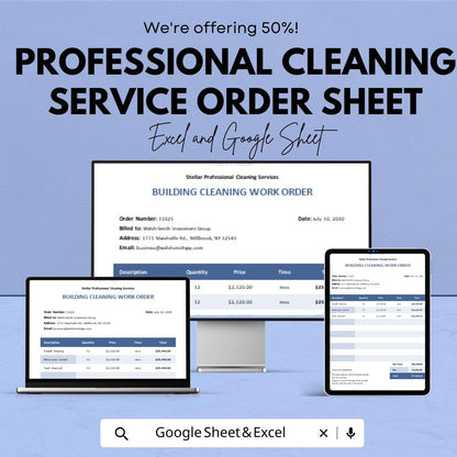 Professional Cleaning Service Order Sheet - Excel & Google Sheet - Easy Work Order Management for Cleaning Services