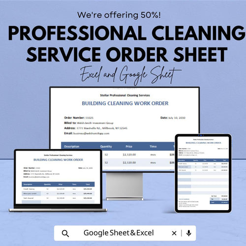 Professional Cleaning Service Order Sheet - Excel & Google Sheet - Easy Work Order Management for Cleaning Services