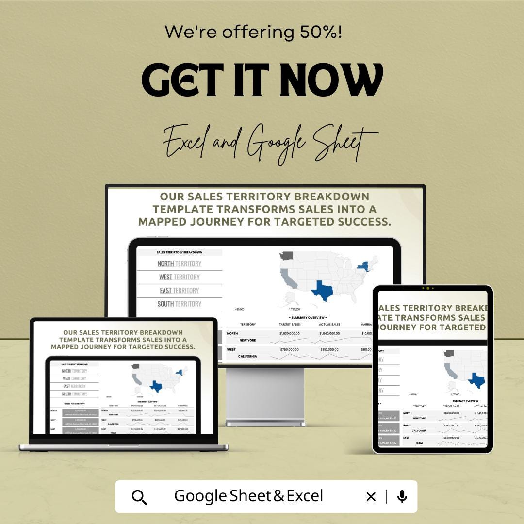 Sales Territory Breakdown Template | Sales Territory Mapping Sheet | Territory Performance Dashboard | Excel & Google Sheets
