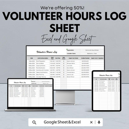 Volunteer Hours Log Sheet | Google Sheets and Excel | Track Volunteer Time, Activity & Supervisor Info | Printable Digital Template