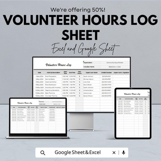 Volunteer Hours Log Sheet | Google Sheets and Excel | Track Volunteer Time, Activity & Supervisor Info | Printable Digital Template