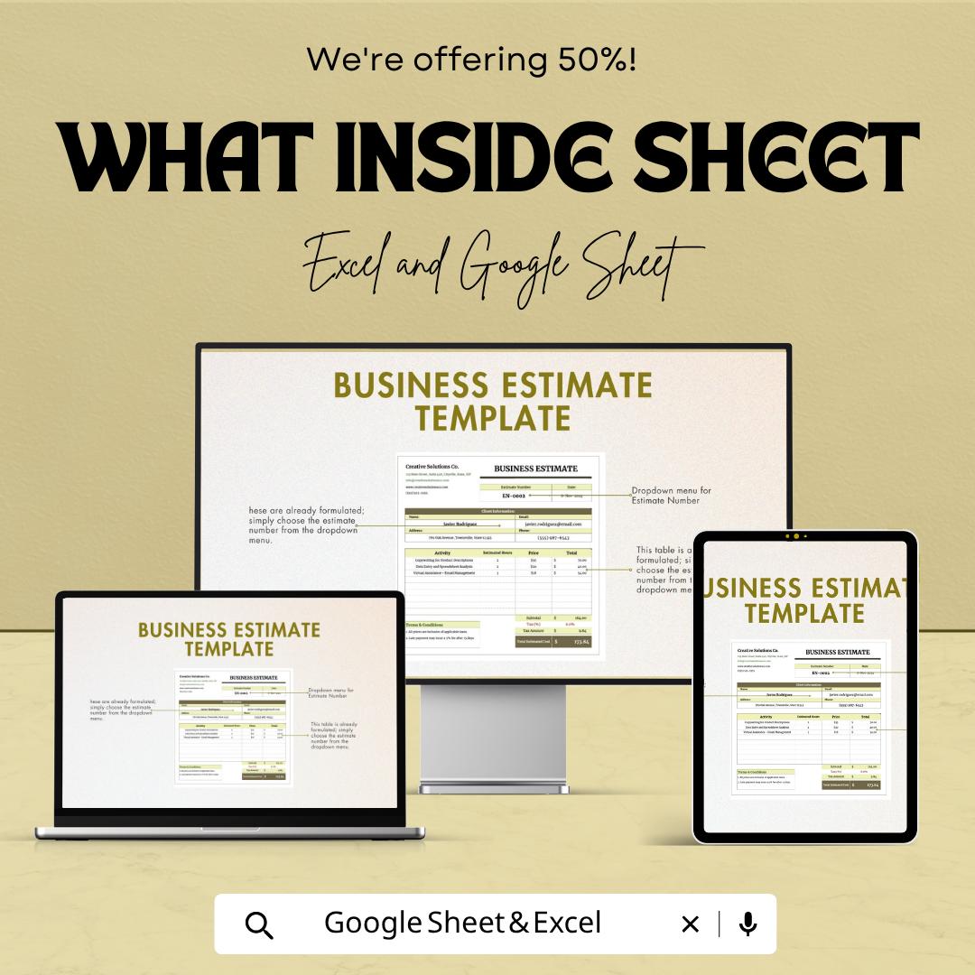 Business Estimate Template | Estimate Invoice Spreadsheet | Service Estimate Template | Project Cost Estimate Sheet