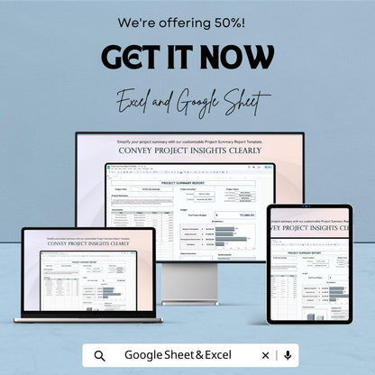Project Summary Report Template | Project Status Overview | Task & Budget Report | Excel and Google Sheets | Project Management Dashboard