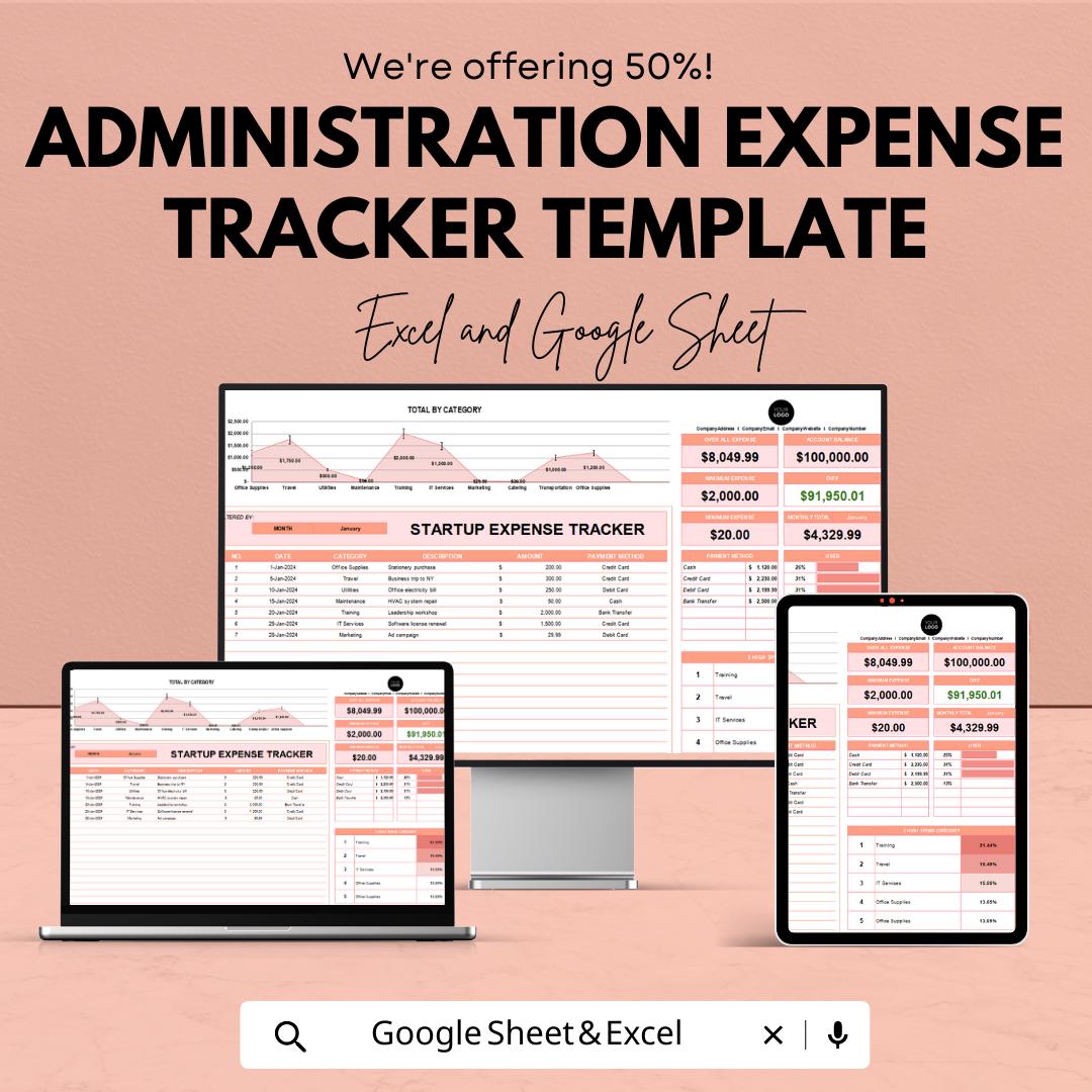 Administration Expense Tracker Template | Excel & Google Sheets | Business Expense Spreadsheet | Budget Tracker | Financial Management