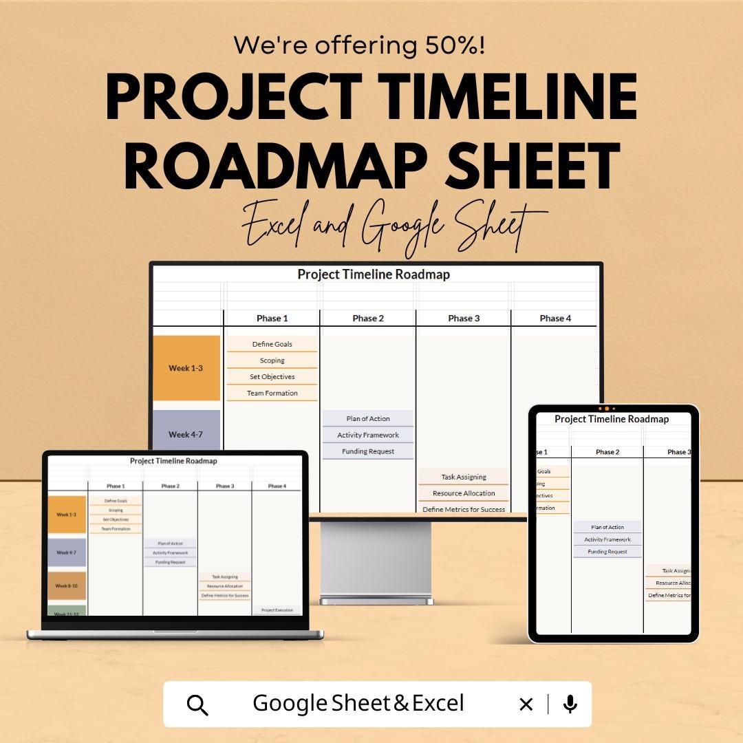 Project Timeline Roadmap Sheet - Google Sheets Template | Customizable Project Planner for Phases & Goals | Weekly Planner for Business