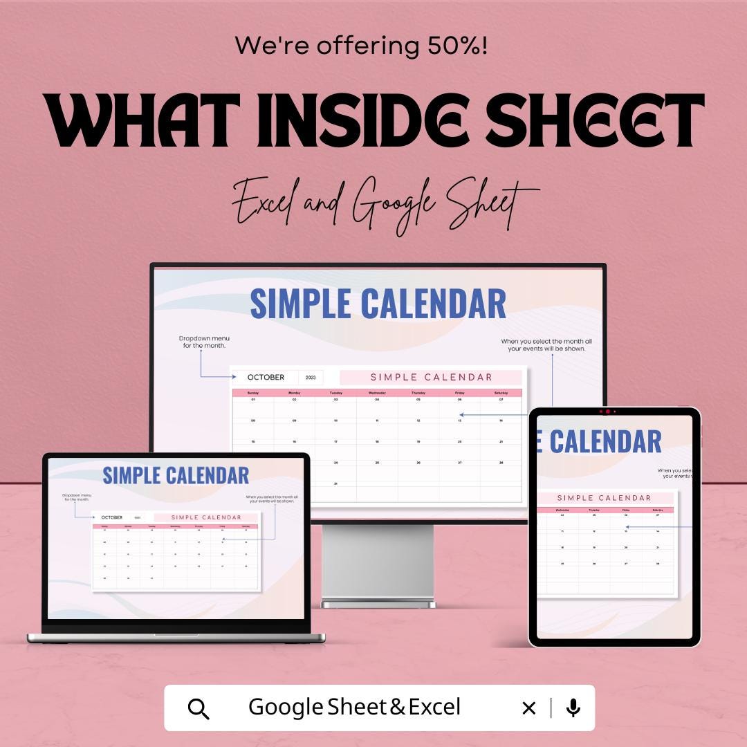 Simple Calendar Template | Excel & Google Sheets | Monthly Planner | Editable Calendar | Printable Planner | Schedule Organizer