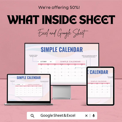 Simple Calendar Template | Excel & Google Sheets | Monthly Planner | Editable Calendar | Printable Planner | Schedule Organizer