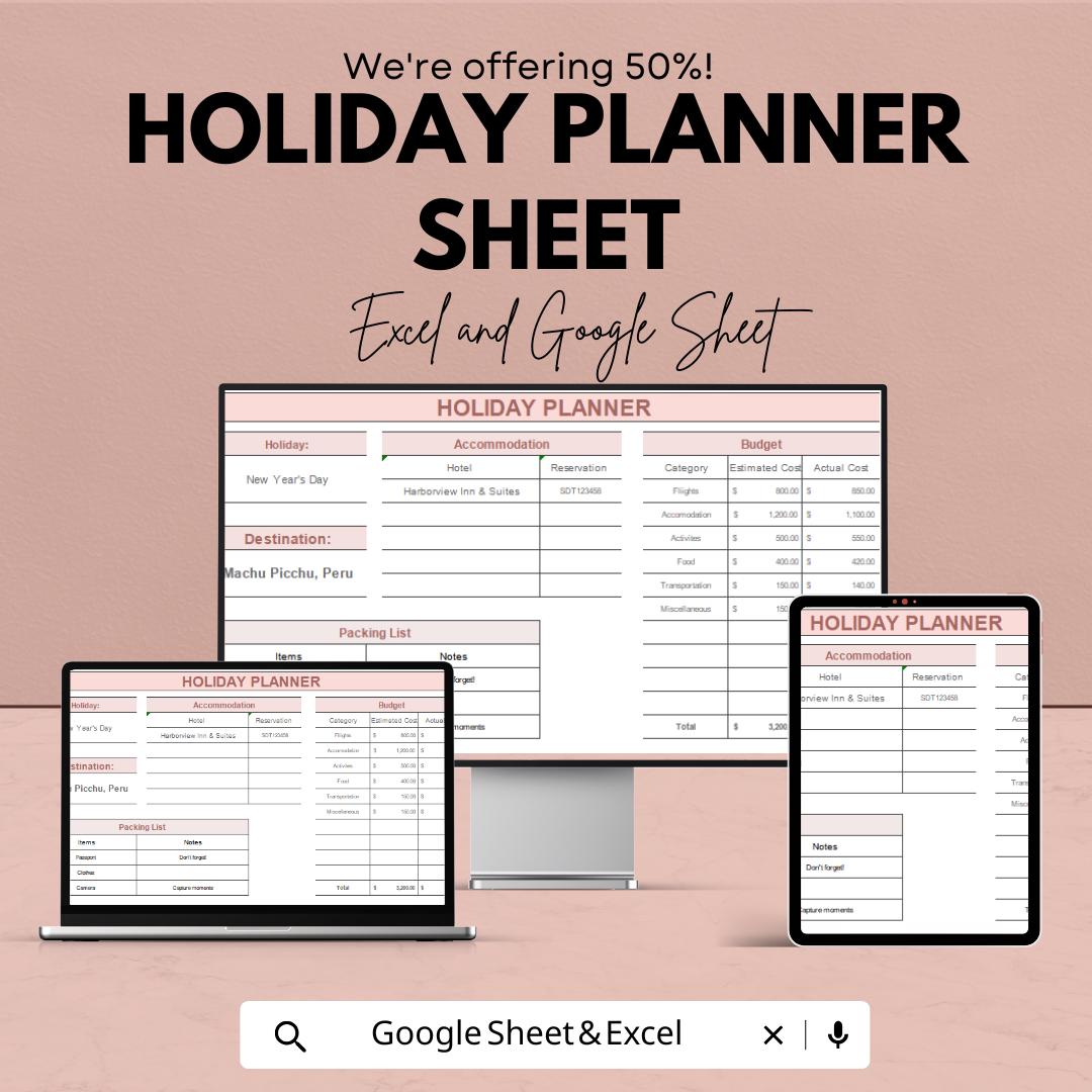 Holiday Planner Sheet - Travel Itinerary, Budget Tracker, Packing List, Google Sheets & Excel Template, Vacation Planner, Instant Download