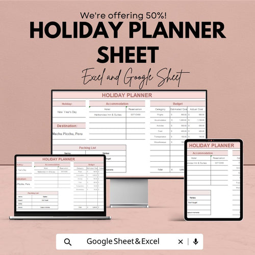 Holiday Planner Sheet - Travel Itinerary, Budget Tracker, Packing List, Google Sheets & Excel Template, Vacation Planner, Instant Download