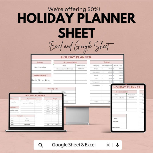Holiday Planner Sheet - Travel Itinerary, Budget Tracker, Packing List, Google Sheets & Excel Template, Vacation Planner, Instant Download