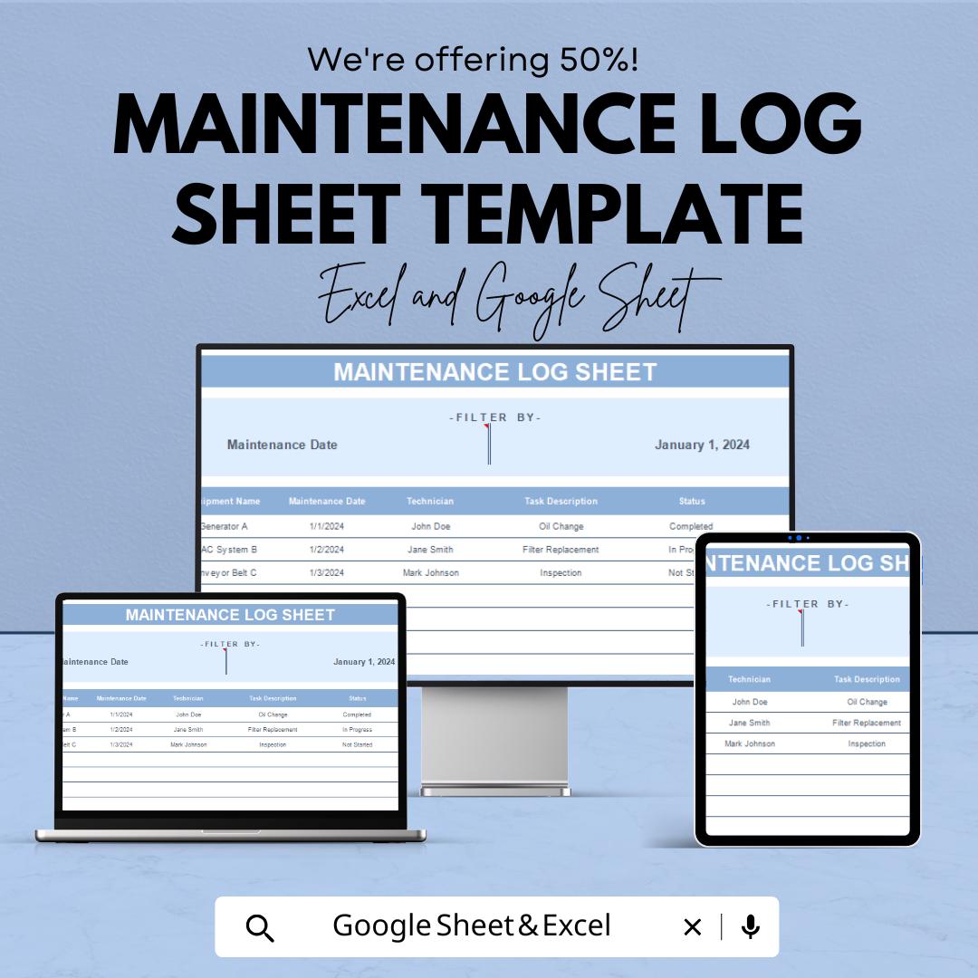 Maintenance Log Sheet Template | Equipment Service Record | Machine Maintenance Tracker | Workplace Maintenance Form