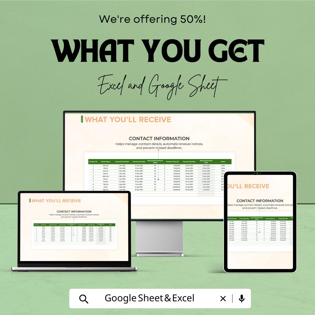 Legal Contract Renewal Tracker, Contract Reminder Template, Law Office Renewal System, Excel & Google Sheets Contract Management Tool